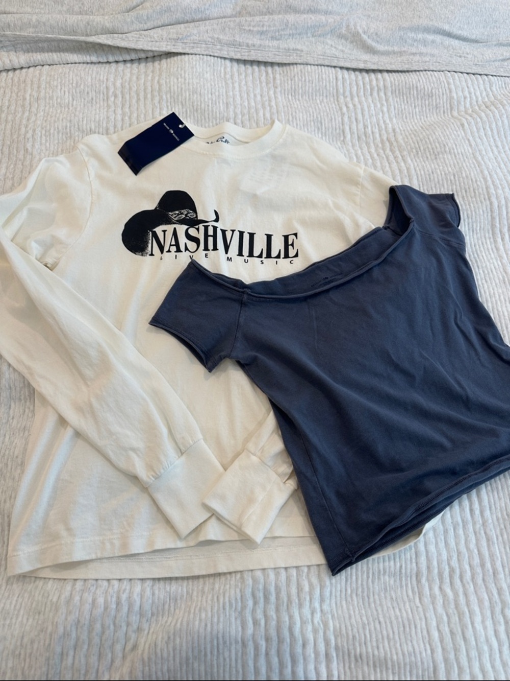 Brandy Melville White Nashville Logo Long Sleeve & Navy Off-Shoulder Top